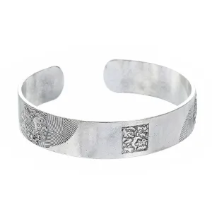 Elephant Carved Female Wide Tibetan Silver Open Bracelet