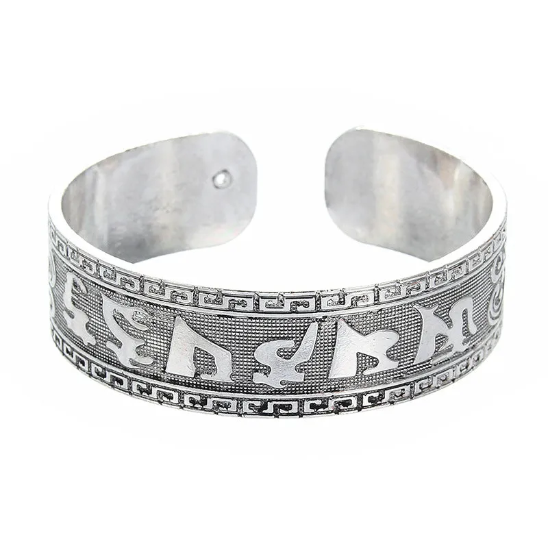 Elephant Carved Female Wide Tibetan Silver Open Bracelet