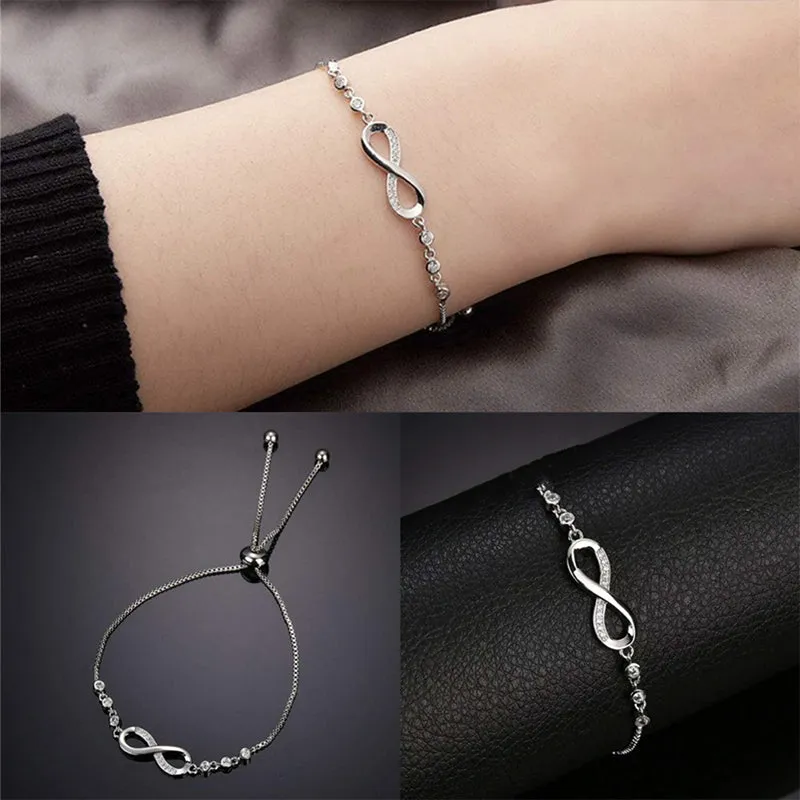 Figure 8 Endless Love Symbol Women Adjustable Crystal Silver Bracelets