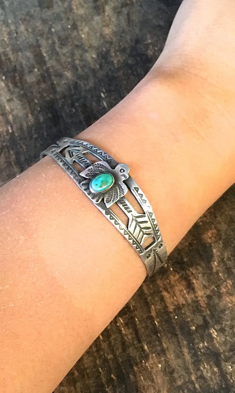 FRED HARVEY ERA 1940s Navajo Style Silver & Turquoise Arrow Thunderbird Bracelet