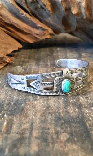 FRED HARVEY ERA 1940s Navajo Style Silver & Turquoise Arrow Thunderbird Bracelet