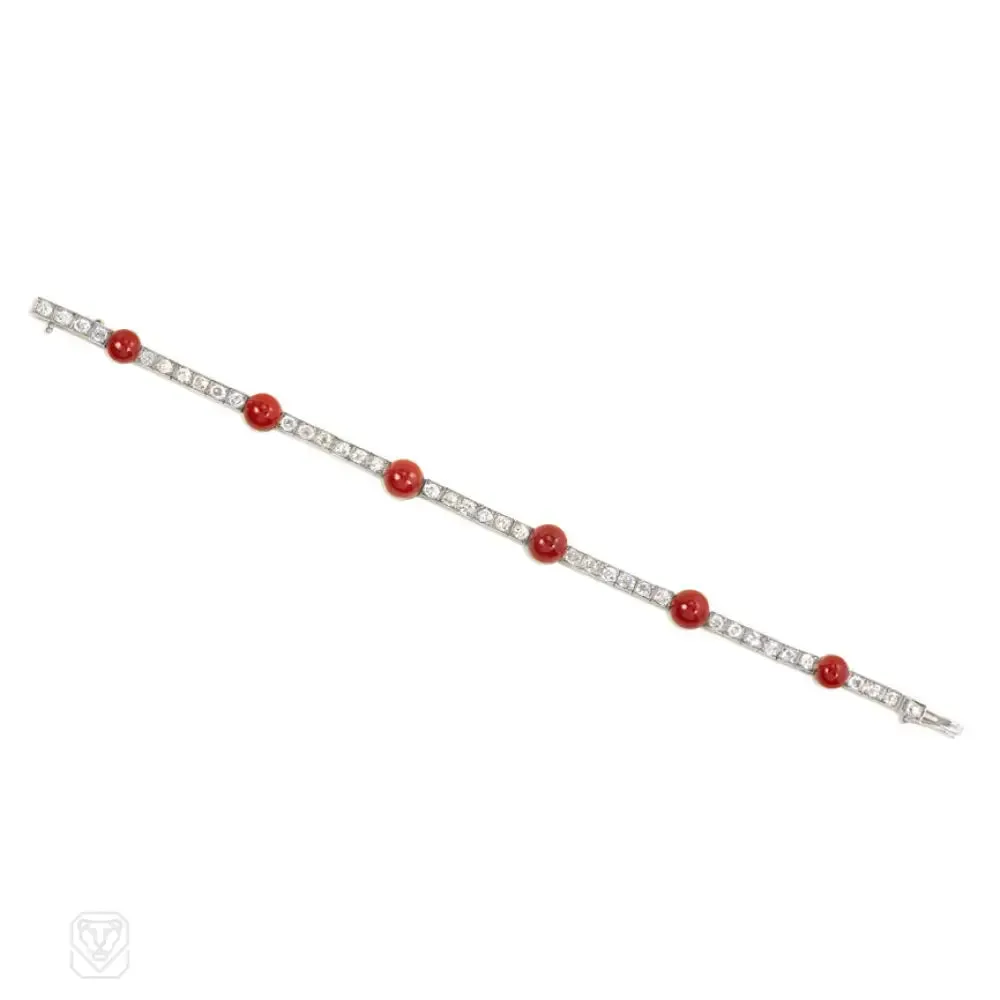 French Art Deco coral and diamond line bracelet