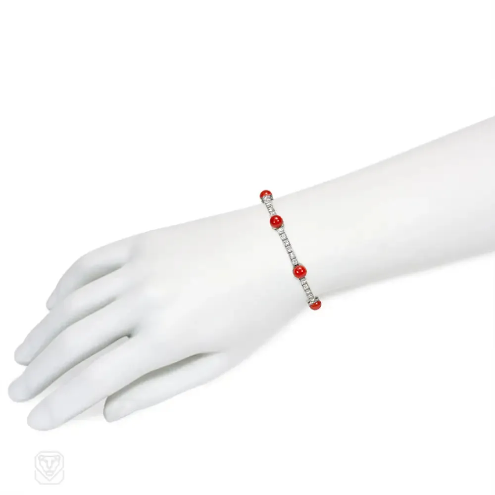 French Art Deco coral and diamond line bracelet