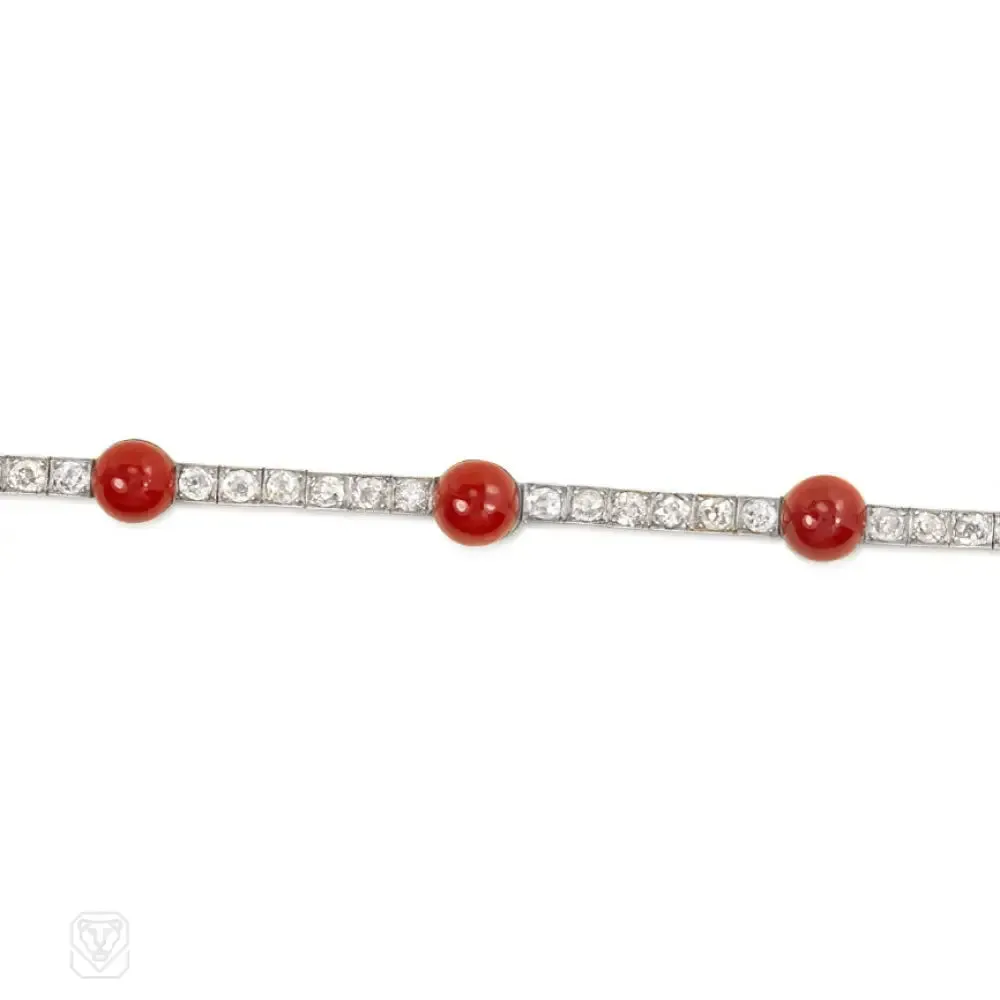 French Art Deco coral and diamond line bracelet