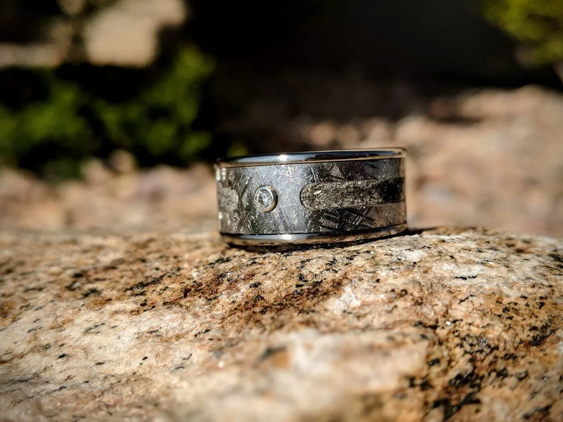 Gibeon Meteorite Titanium Ring,Custom Made Gibeon Meteorite Wedding Band with Inlaid Diamond & Ashes