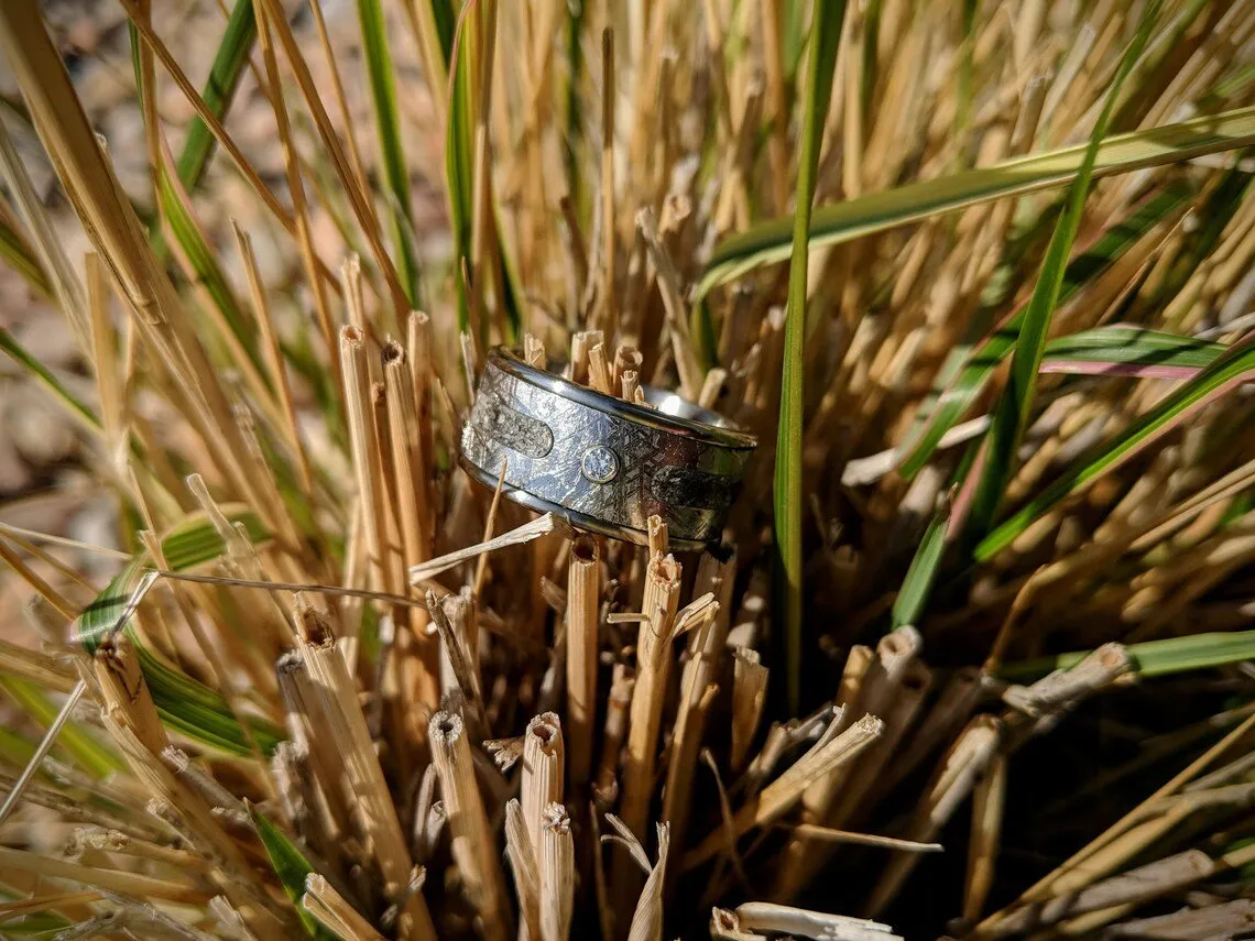 Gibeon Meteorite Titanium Ring,Custom Made Gibeon Meteorite Wedding Band with Inlaid Diamond & Ashes