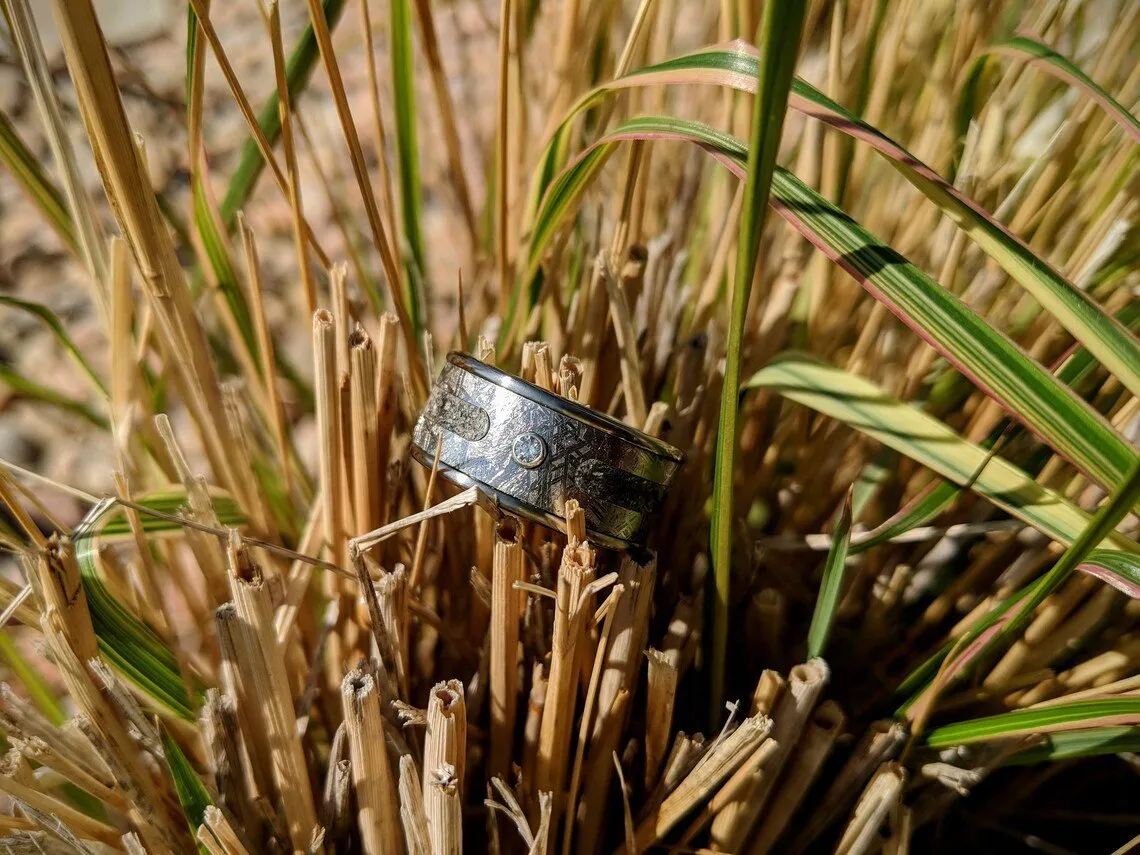 Gibeon Meteorite Titanium Ring,Custom Made Gibeon Meteorite Wedding Band with Inlaid Diamond & Ashes