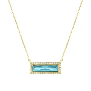 Gold Finish Sterling Silver Necklace with Rectangular Simulated Aquamarine Stone and Simulated Diamonds on 16" - 18" Chain