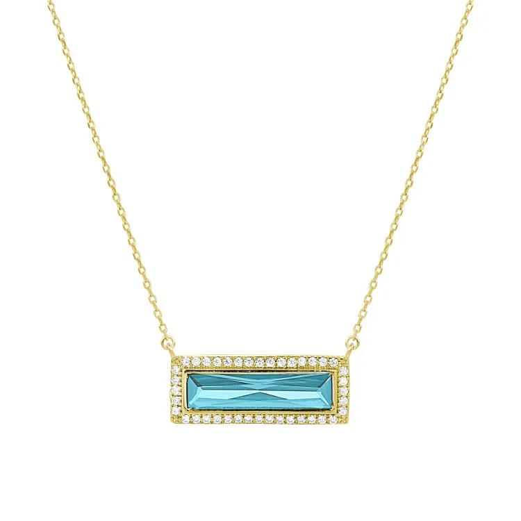 Gold Finish Sterling Silver Necklace with Rectangular Simulated Aquamarine Stone and Simulated Diamonds on 16" - 18" Chain