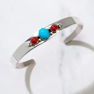 Joe Begay Coral & Turquoise Navajo USA Native American Made 925 Sterling Silver Cuff