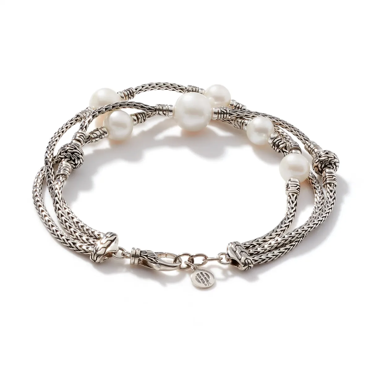 John Hardy Classic Chain Silver Triple Row Bracelet with Lobster Clasp with 7-10mm Fresh Water Pearl