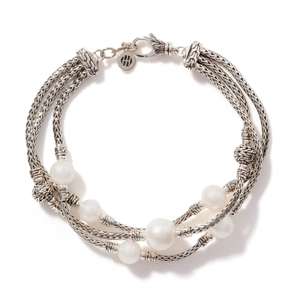 John Hardy Classic Chain Silver Triple Row Bracelet with Lobster Clasp with 7-10mm Fresh Water Pearl