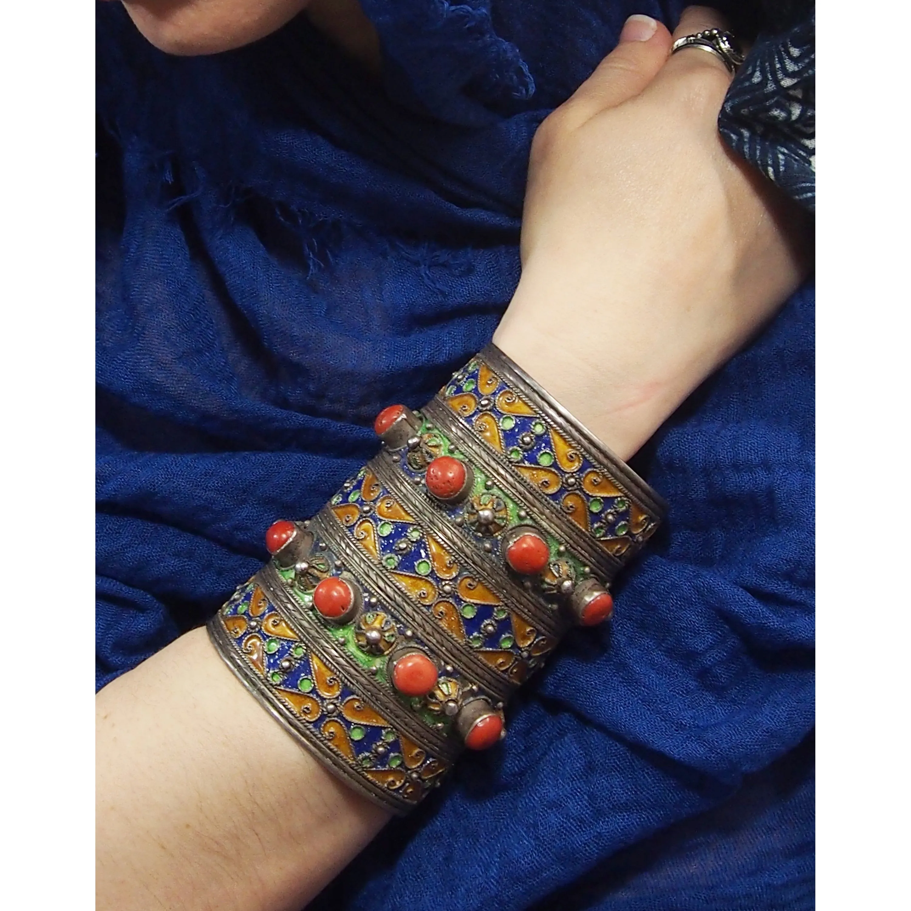 Kabyle Silver Enameled Coral Cuff Bracelet from Algeria