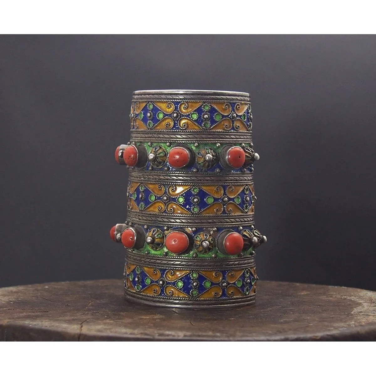 Kabyle Silver Enameled Coral Cuff Bracelet from Algeria