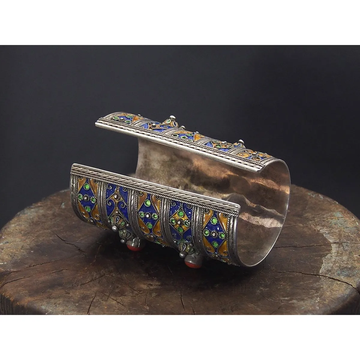 Kabyle Silver Enameled Coral Cuff Bracelet from Algeria