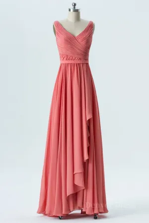 kamahe V Neck and V Back High Low Coral Chiffon Long Prom Dresses, Long Coral Formal Evening Bridesmaid Dresses with Slit