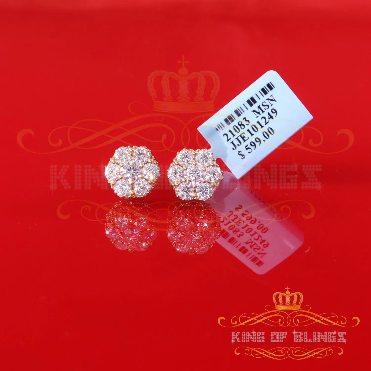 King  of Bling's Men's/Women's 925 Silver Yellow 2.00ct VVS 'D' Moissanite 7 Floral Stud Earrings