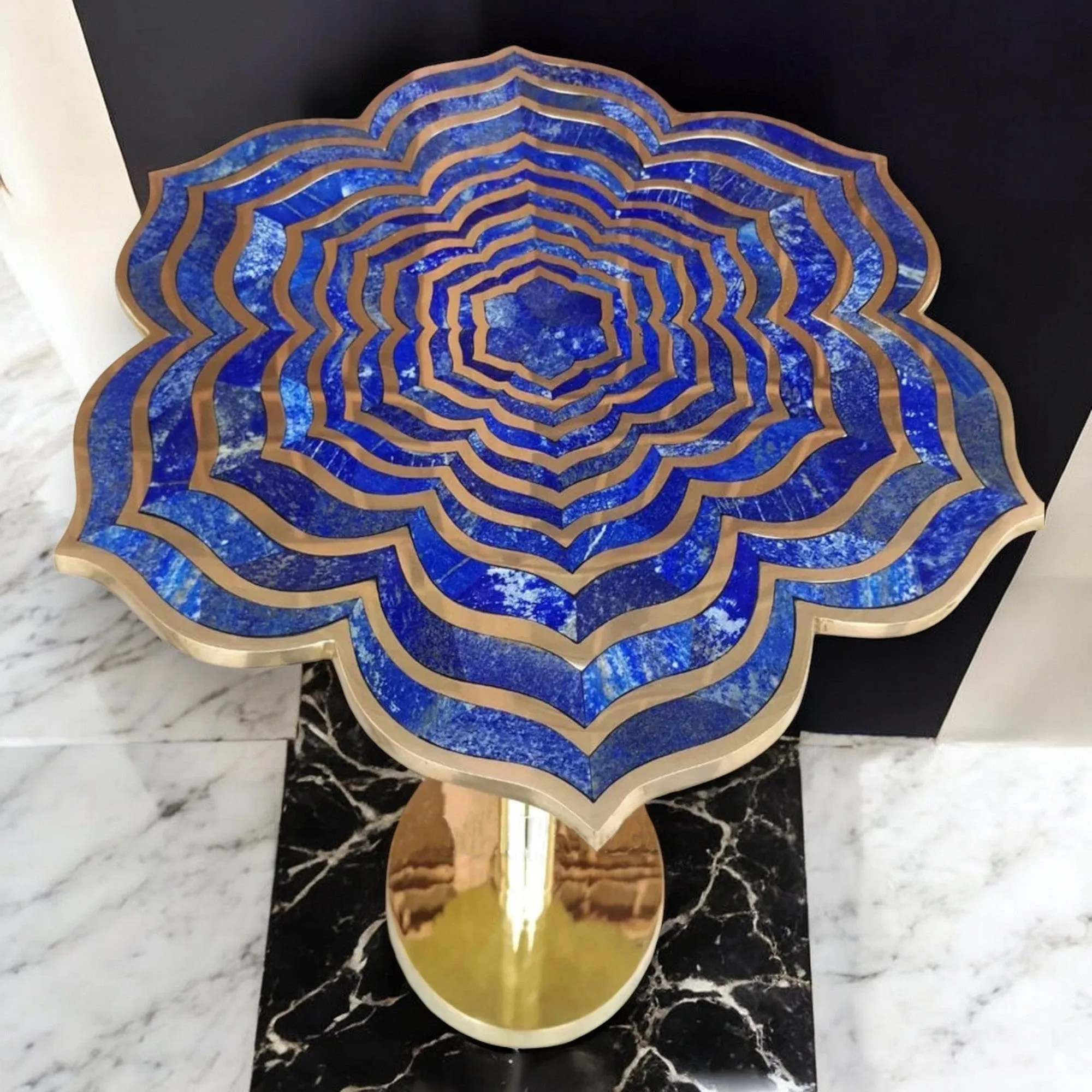 Lapis Lazuli Flower Accent Table In Brass