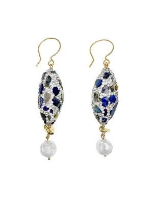 Lapis Rhinestone With Freshwater Pearls Dangle Earrings EE017