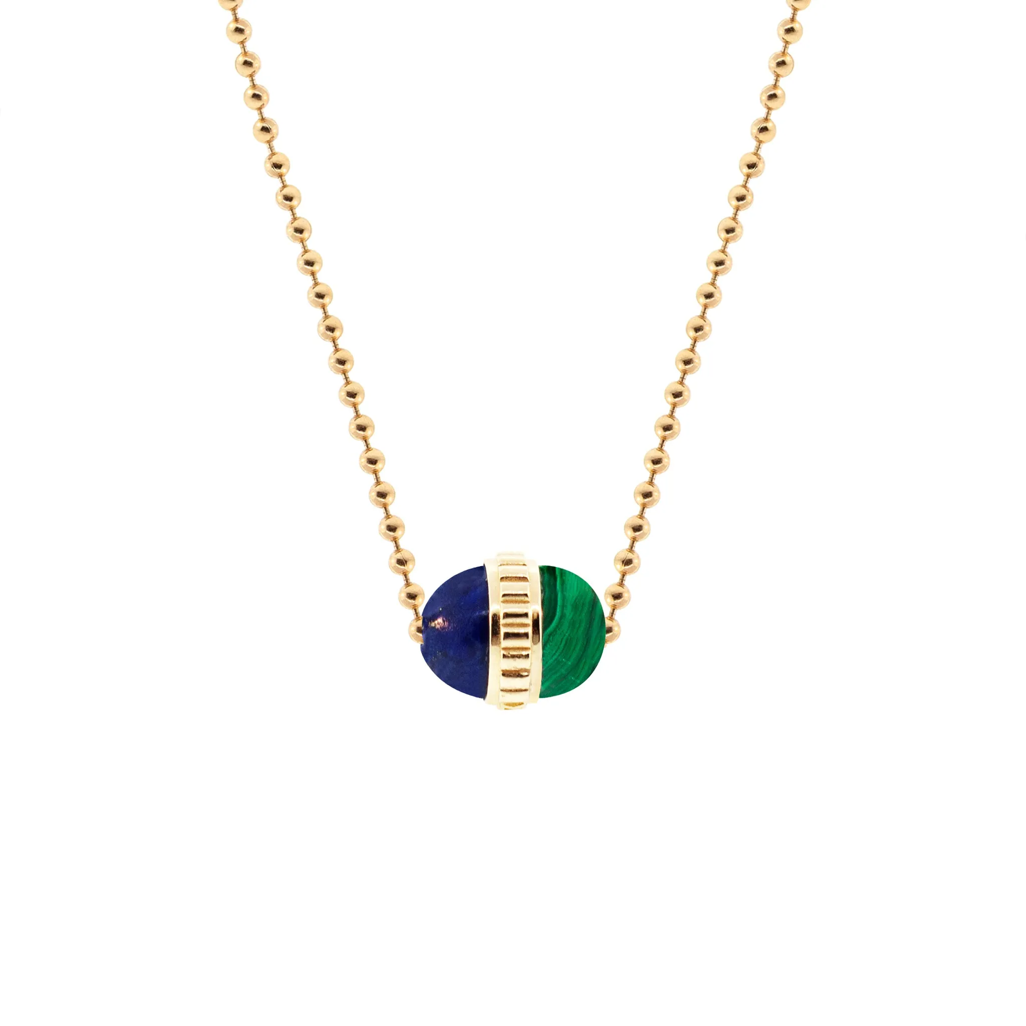 Lapis/Malachite Pendant On A Gold Ball Chain Necklace