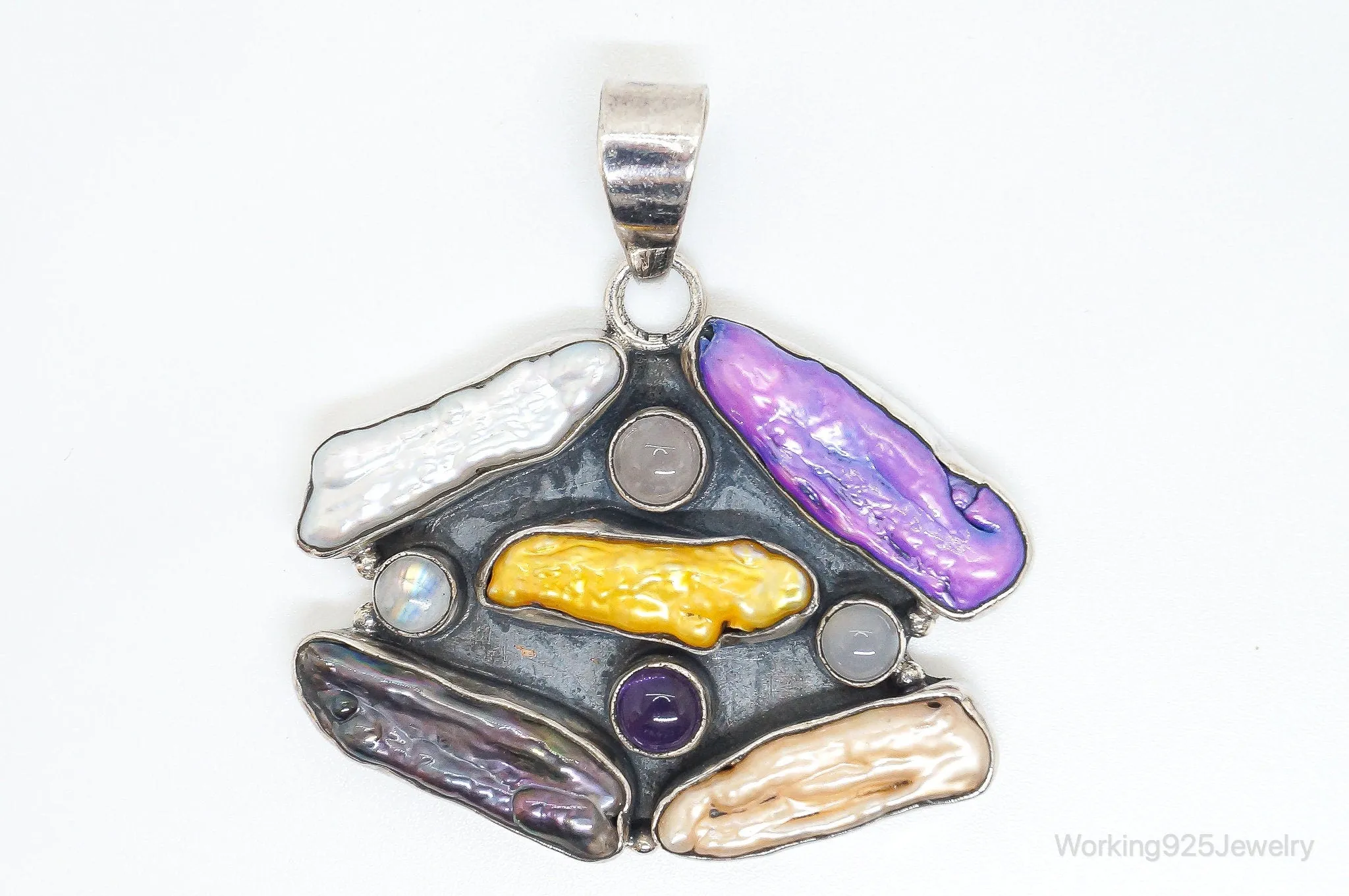 Large Multi Gem Modernist Sterling Silver Necklace Pendant