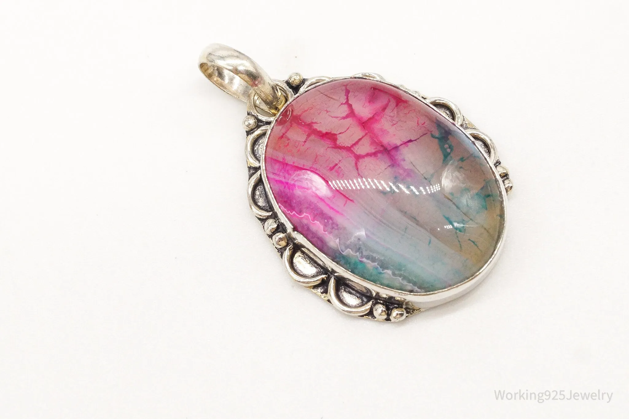 Large Pink & Blue Dyed Stone Bali Sterling Silver Pendant