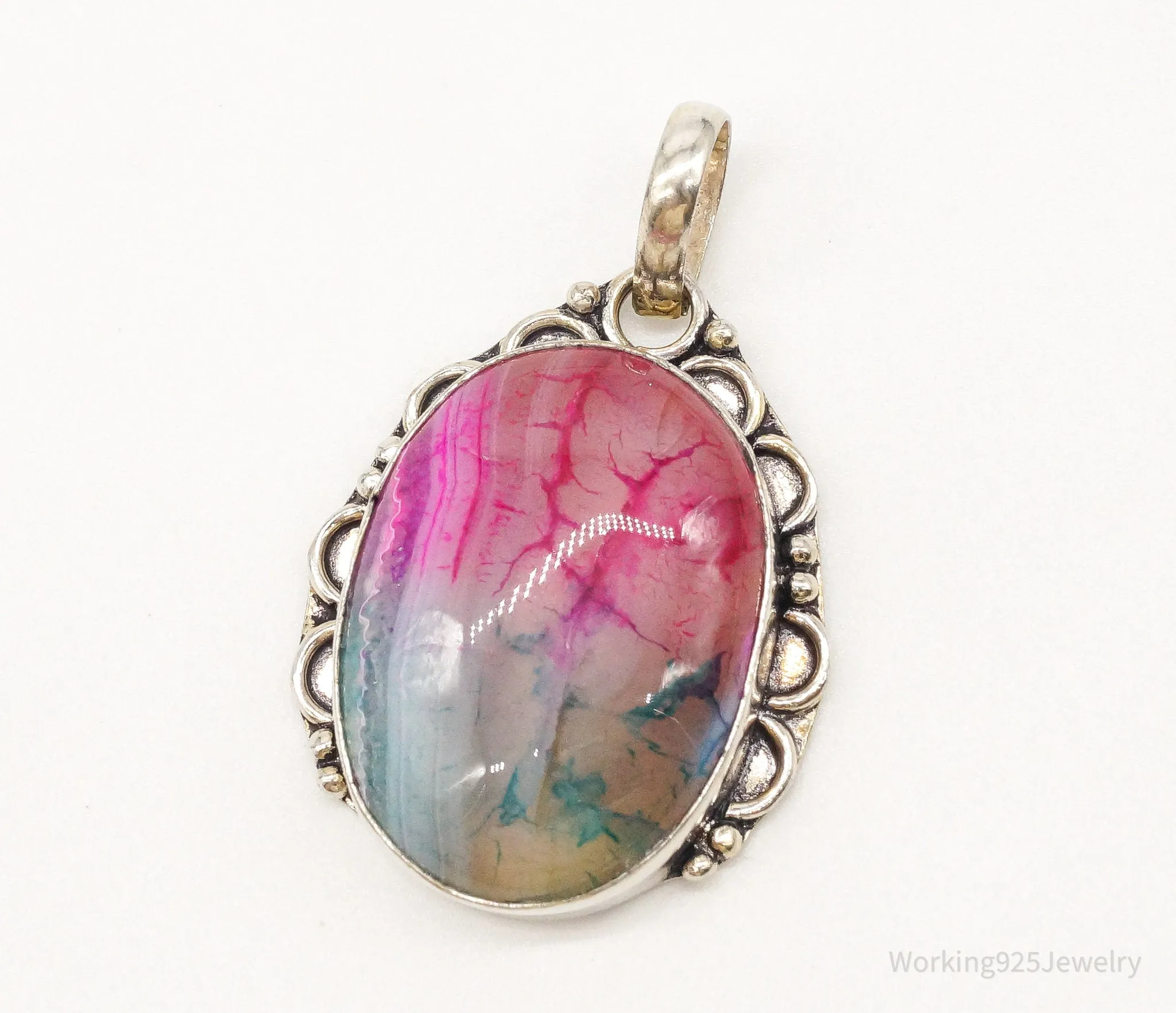 Large Pink & Blue Dyed Stone Bali Sterling Silver Pendant