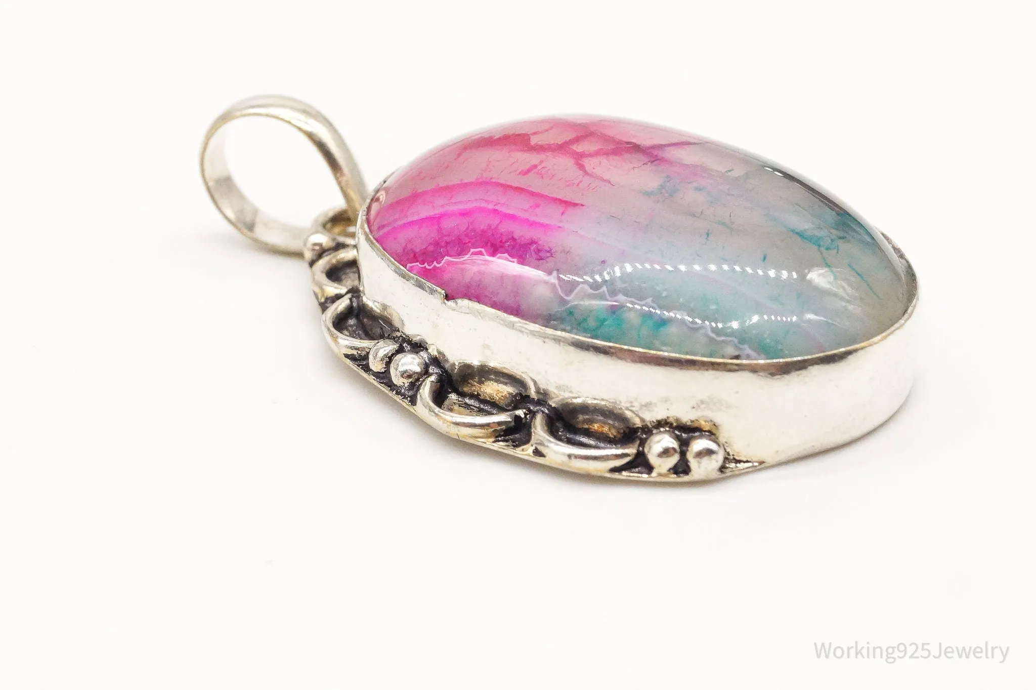 Large Pink & Blue Dyed Stone Bali Sterling Silver Pendant