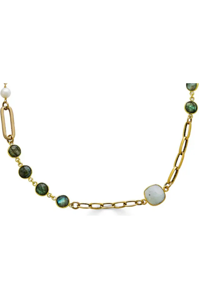 Loni Paul Gold Moonstone, Labradorite, Crystal and Pearl Short Necklace 825 | Gold