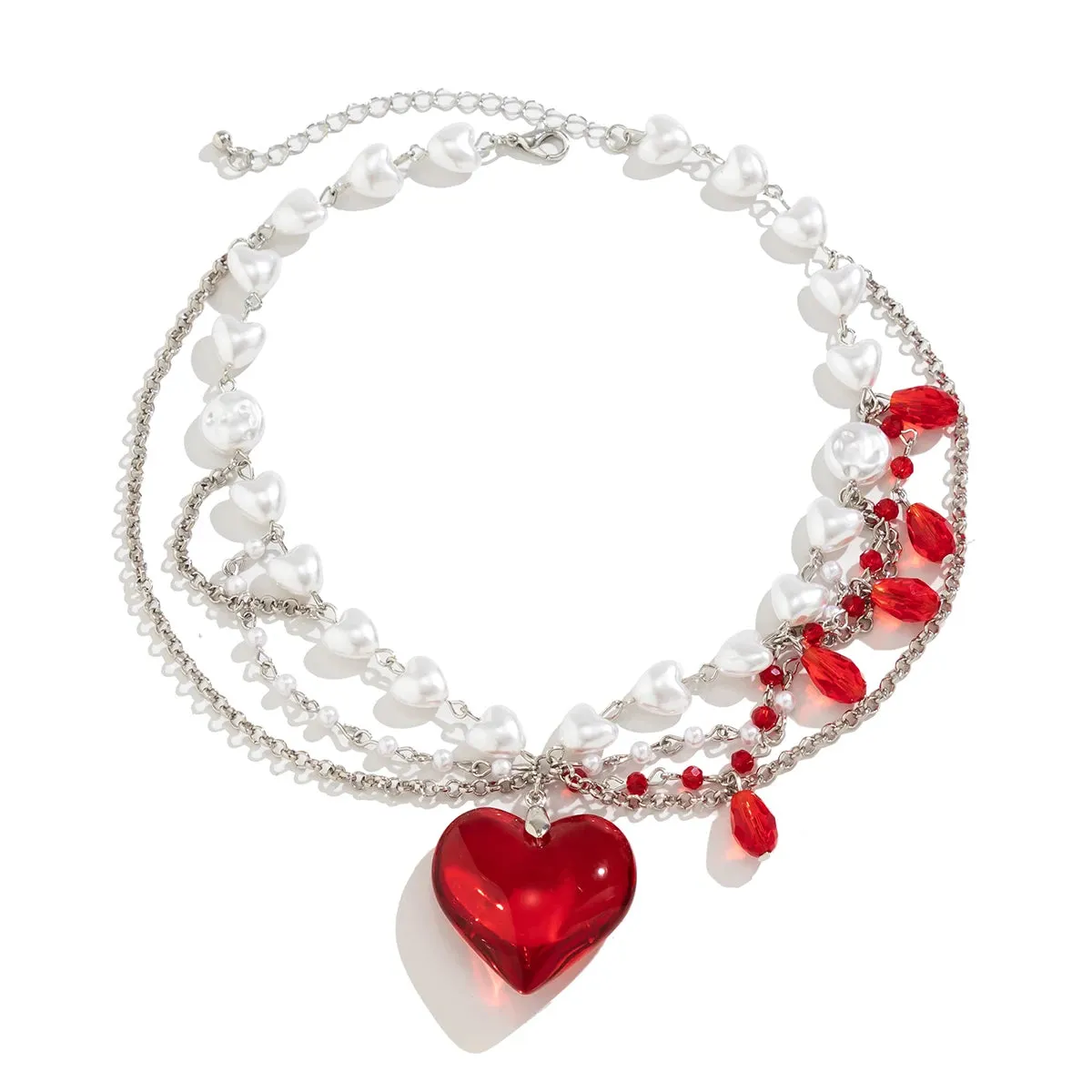 Love Heart Red Pendant Imitation Pearl Necklace for Women Crystal Beads Tassel Neck Chain Choker Trendy Jewelry