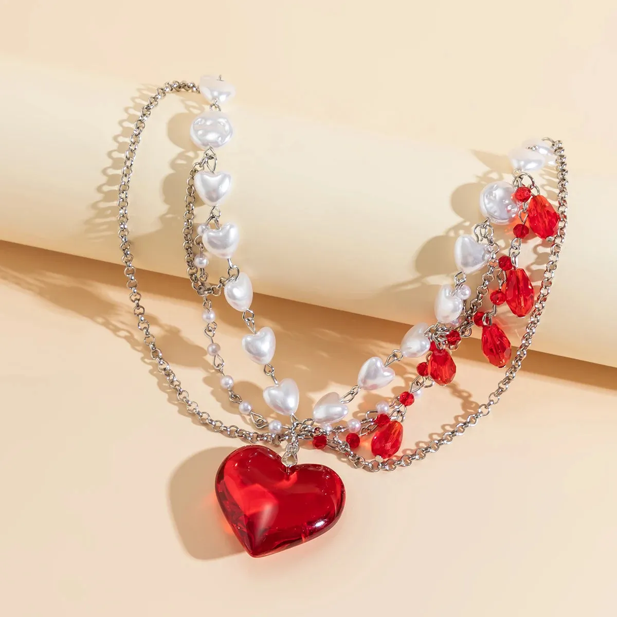 Love Heart Red Pendant Imitation Pearl Necklace for Women Crystal Beads Tassel Neck Chain Choker Trendy Jewelry