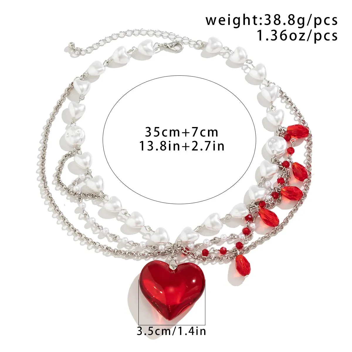 Love Heart Red Pendant Imitation Pearl Necklace for Women Crystal Beads Tassel Neck Chain Choker Trendy Jewelry