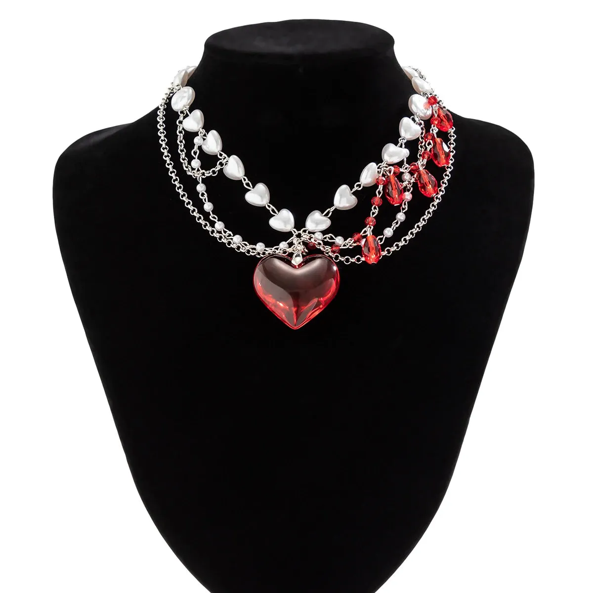 Love Heart Red Pendant Imitation Pearl Necklace for Women Crystal Beads Tassel Neck Chain Choker Trendy Jewelry