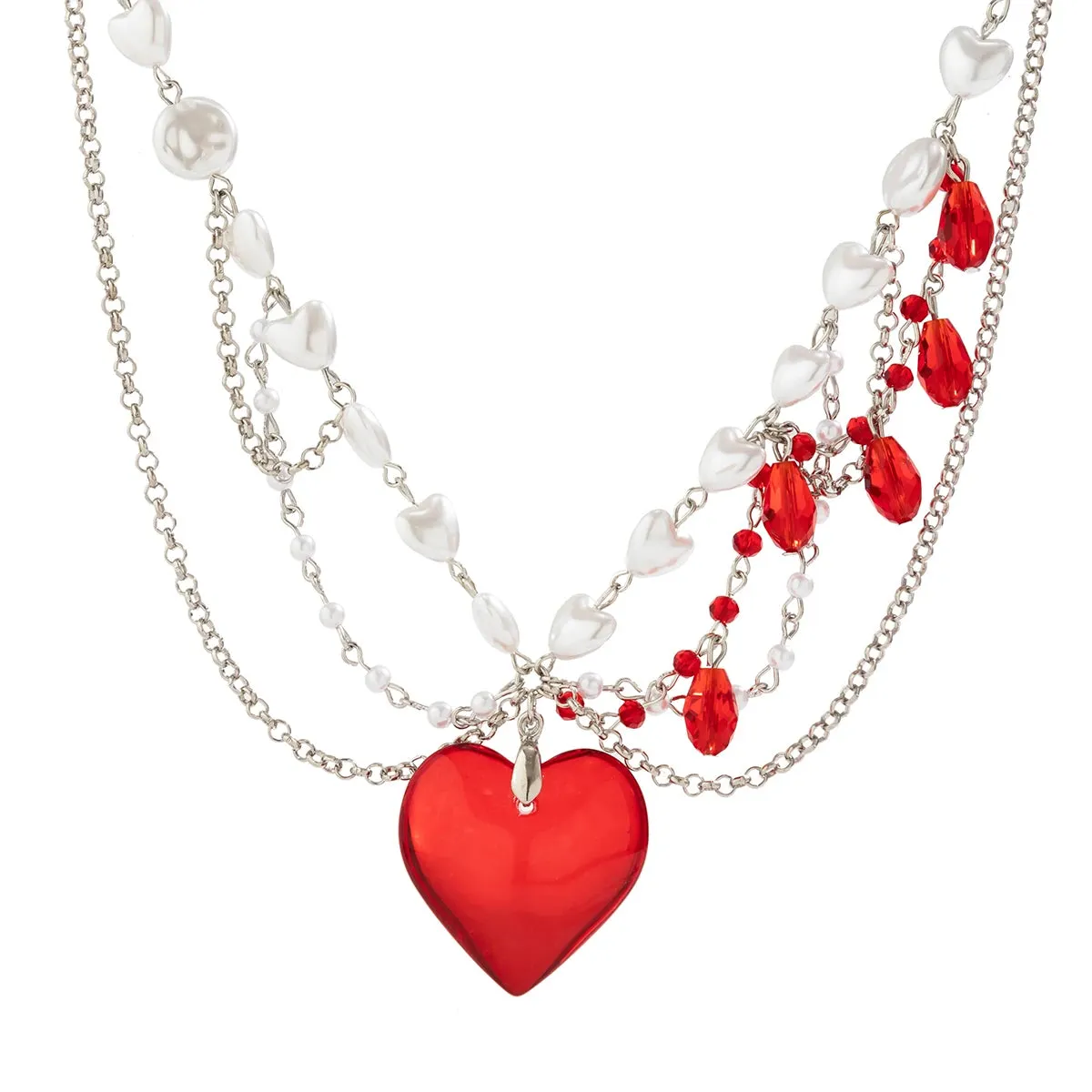 Love Heart Red Pendant Imitation Pearl Necklace for Women Crystal Beads Tassel Neck Chain Choker Trendy Jewelry