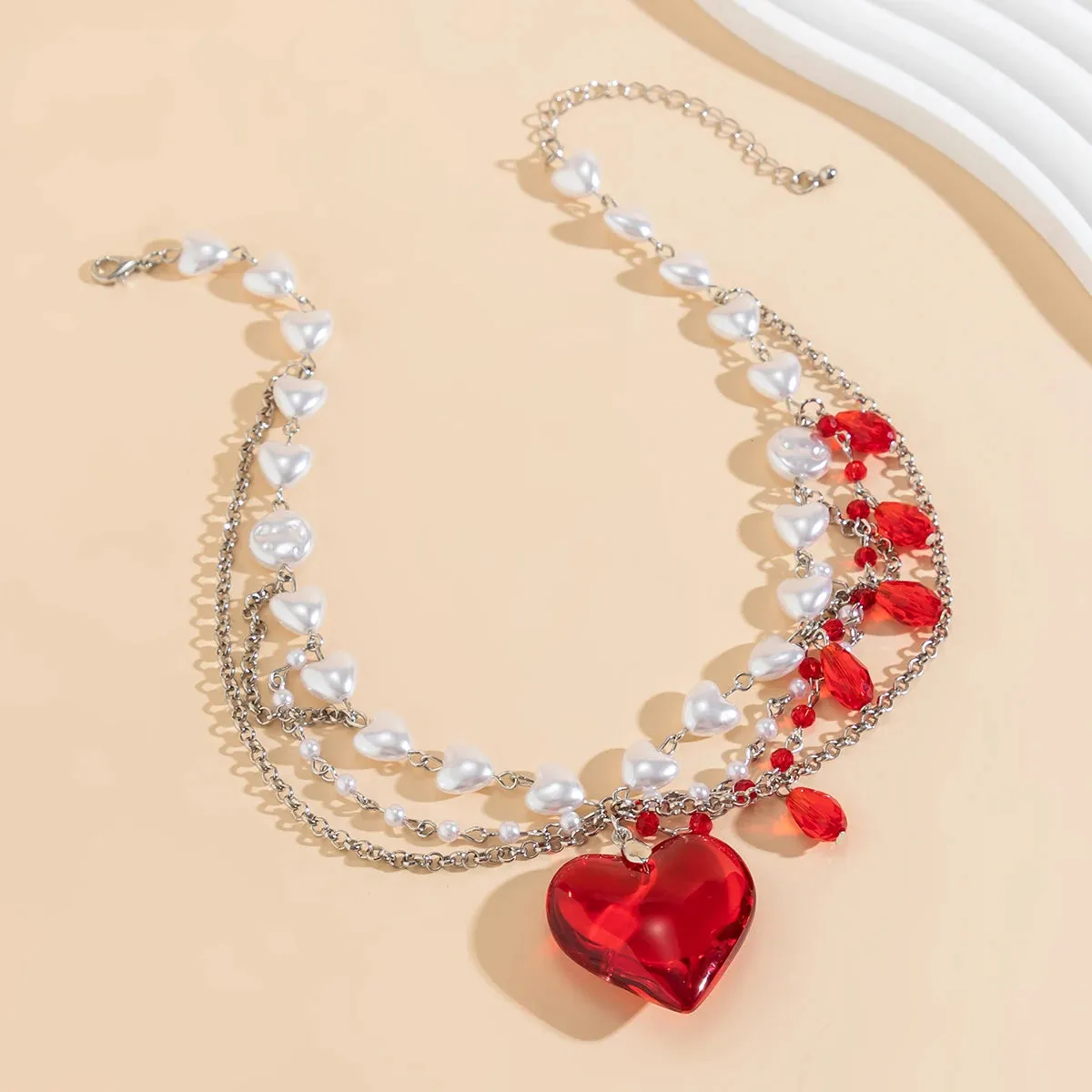 Love Heart Red Pendant Imitation Pearl Necklace for Women Crystal Beads Tassel Neck Chain Choker Trendy Jewelry