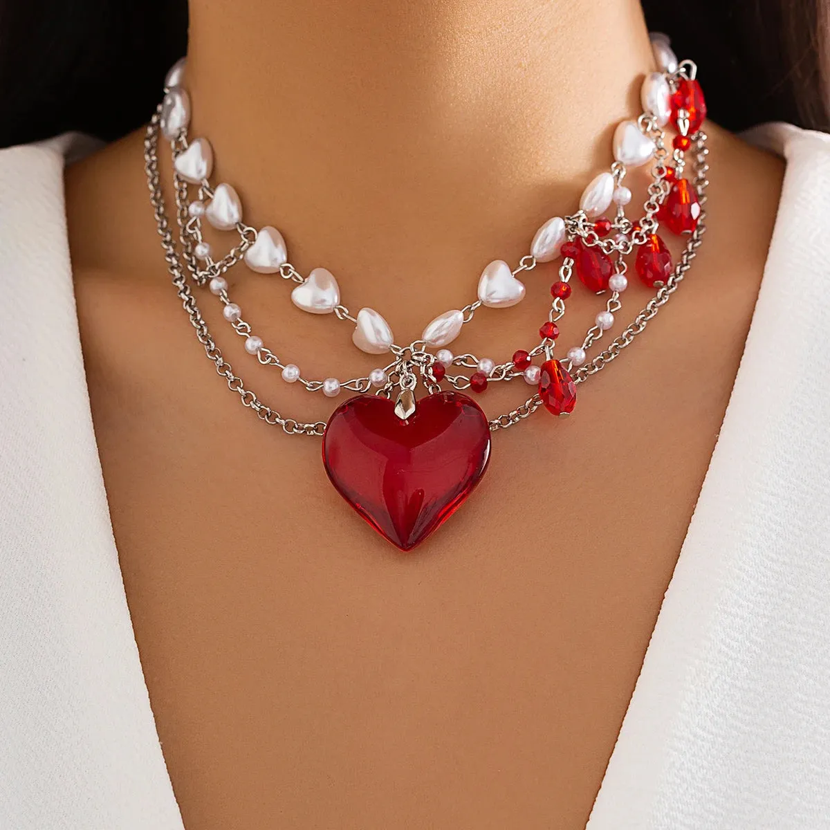 Love Heart Red Pendant Imitation Pearl Necklace for Women Crystal Beads Tassel Neck Chain Choker Trendy Jewelry