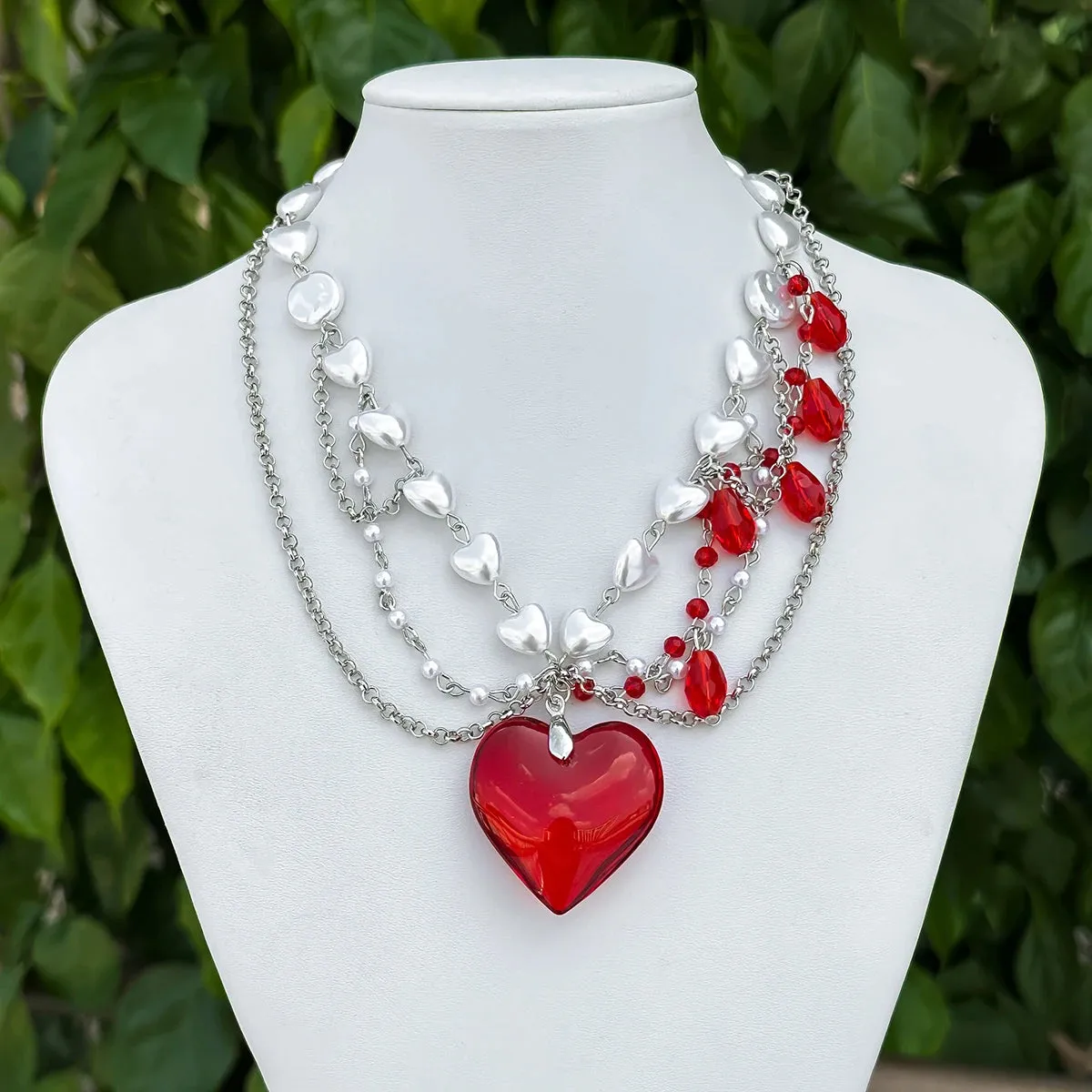 Love Heart Red Pendant Imitation Pearl Necklace for Women Crystal Beads Tassel Neck Chain Choker Trendy Jewelry