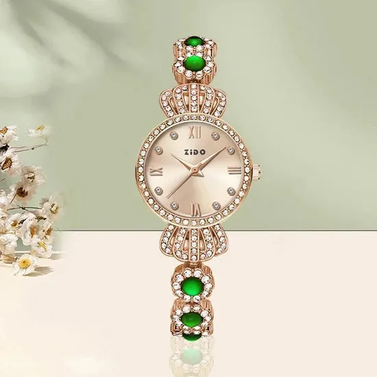 Malachite Green Luxury Inlaid Diamonds Crown Quartz  Women's Watch