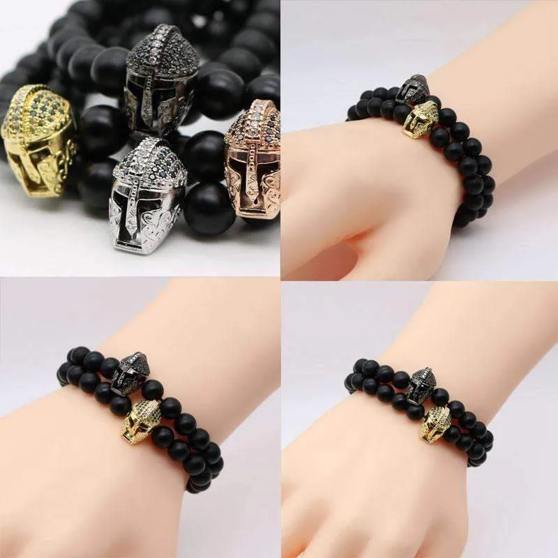 Matte Onyx Natural Stone Roman Warrior Helmet Men's Bracelet