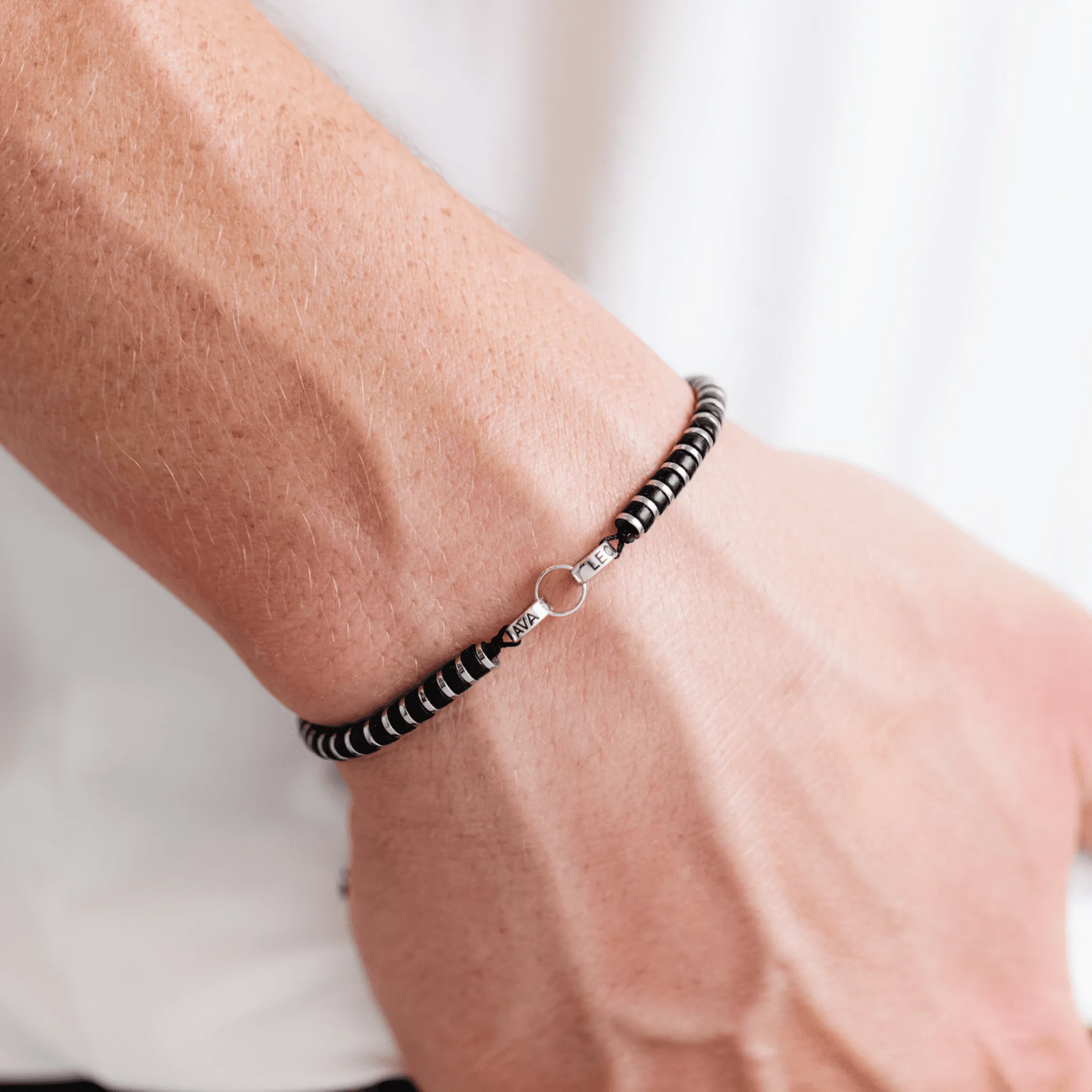 Men's Black Onyx Disc Bead & Forever Links Bracelet - 14K White Gold