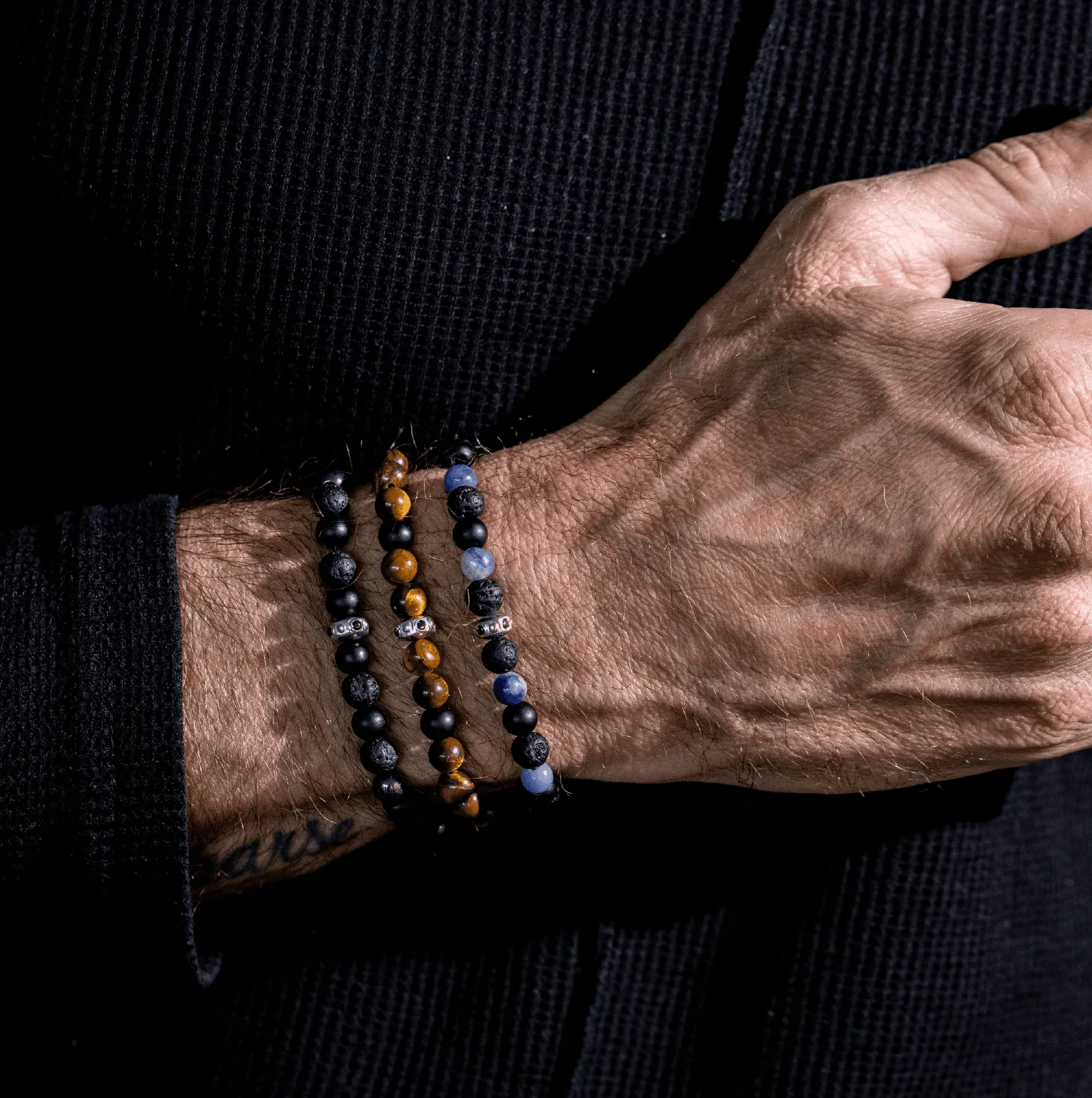 Men's Blue Sodalite & Matte Onyx Bead Bracelet - 14K White Gold