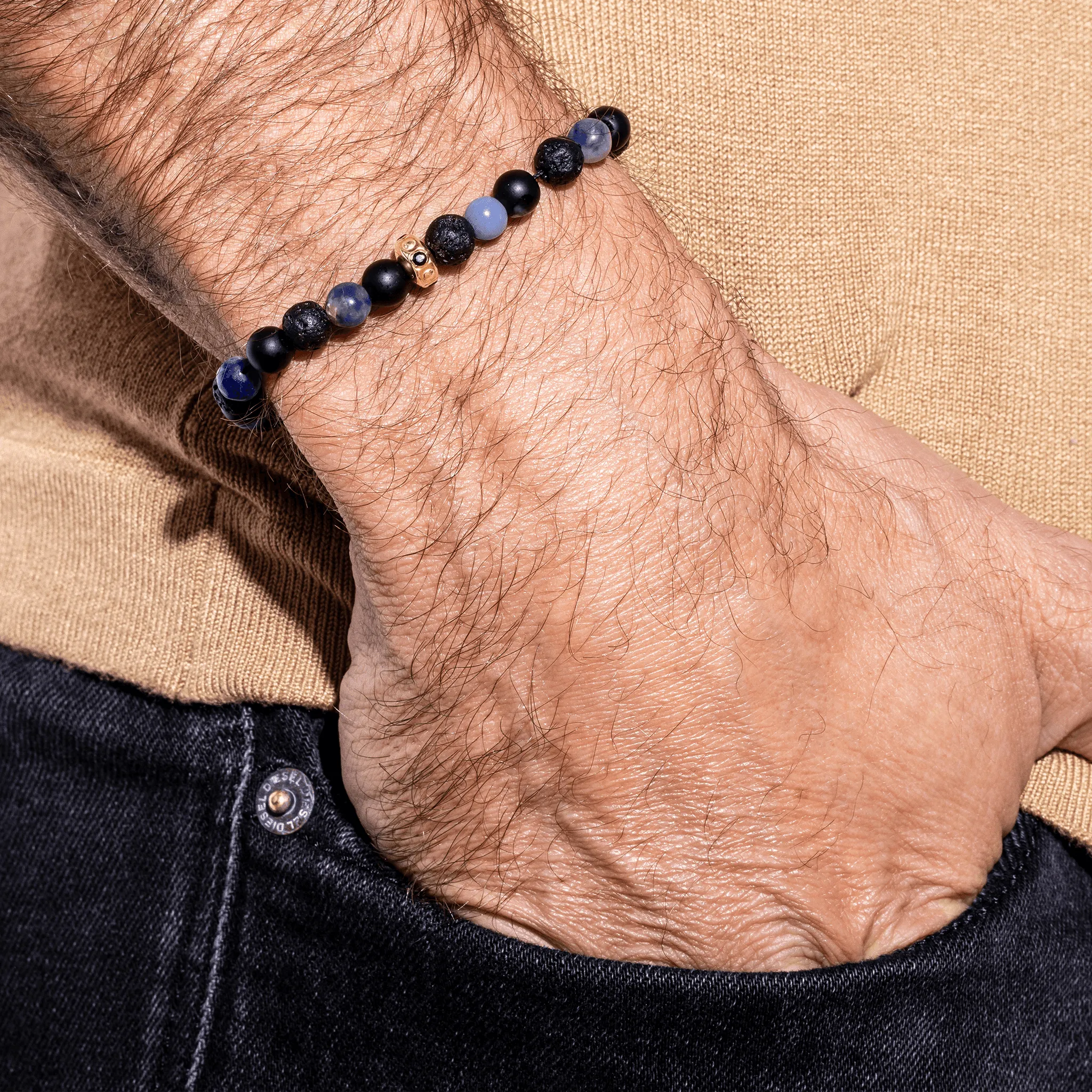 Men's Blue Sodalite & Matte Onyx Bead Bracelet - 14K White Gold