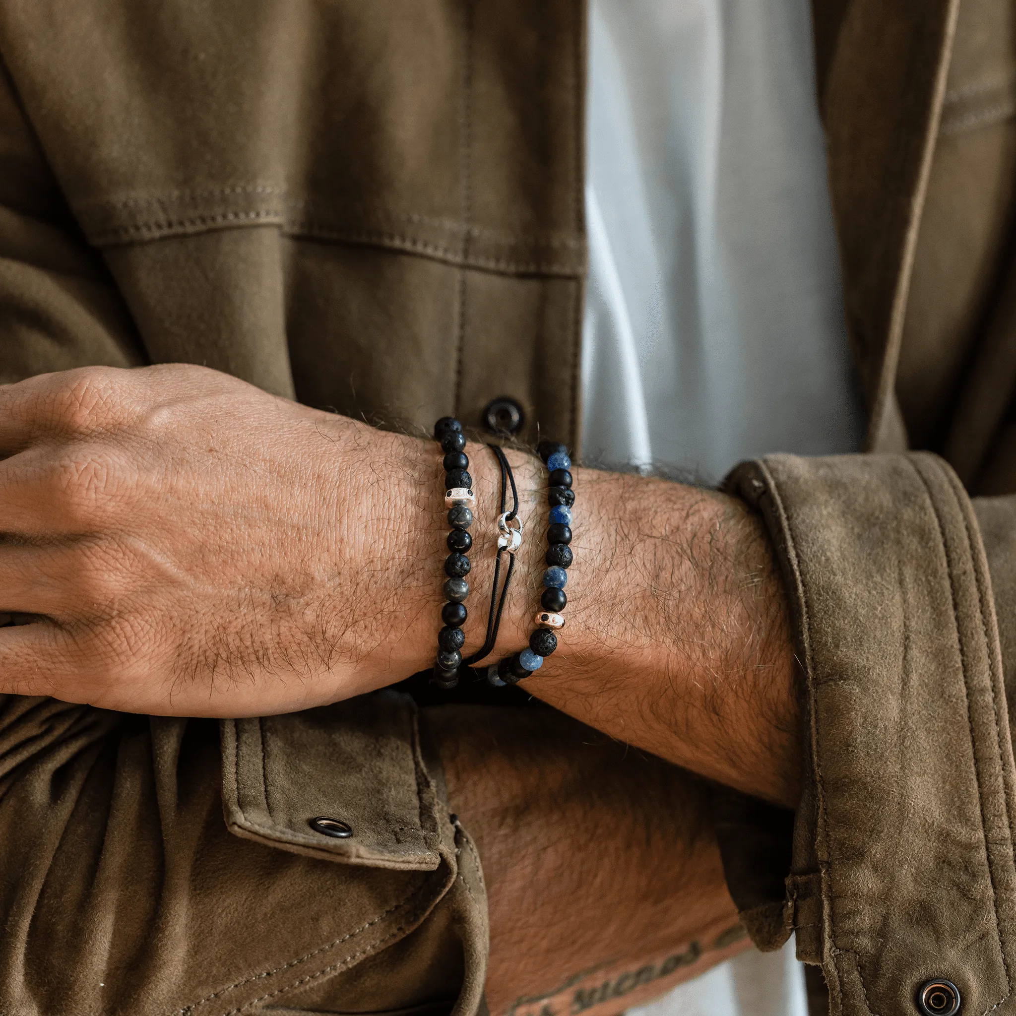 Men's Blue Sodalite & Matte Onyx Bead Bracelet - 14K White Gold