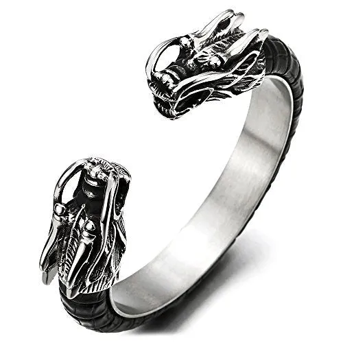 Mens Stainless Steel Dragon Cuff Bangle Bracelet Inlaid with Black Leather, Elastic Adjustable