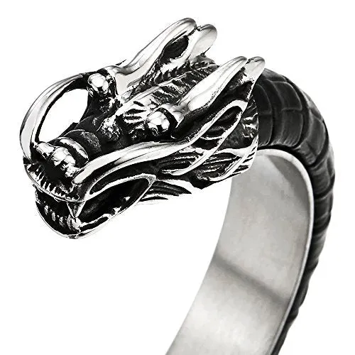 Mens Stainless Steel Dragon Cuff Bangle Bracelet Inlaid with Black Leather, Elastic Adjustable