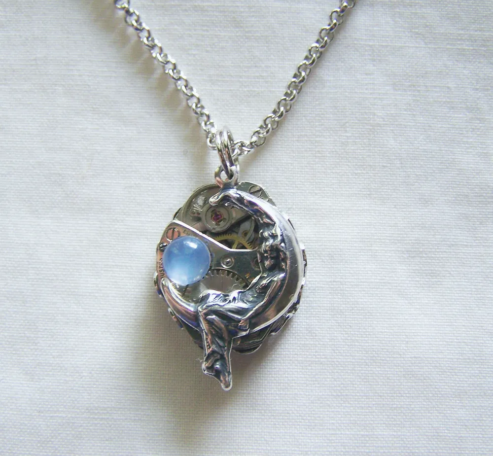 Moon Maiden Vintage Watch Works Moonstone Jewelry Pendant