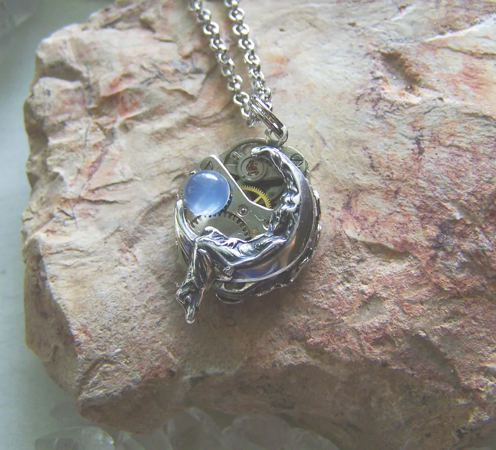 Moon Maiden Vintage Watch Works Moonstone Jewelry Pendant