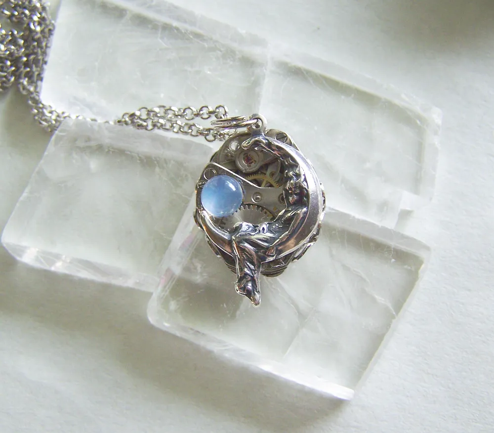 Moon Maiden Vintage Watch Works Moonstone Jewelry Pendant