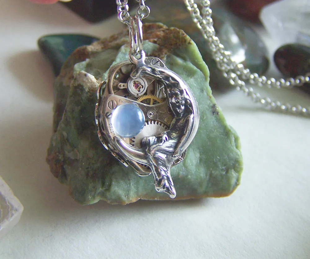 Moon Maiden Vintage Watch Works Moonstone Jewelry Pendant