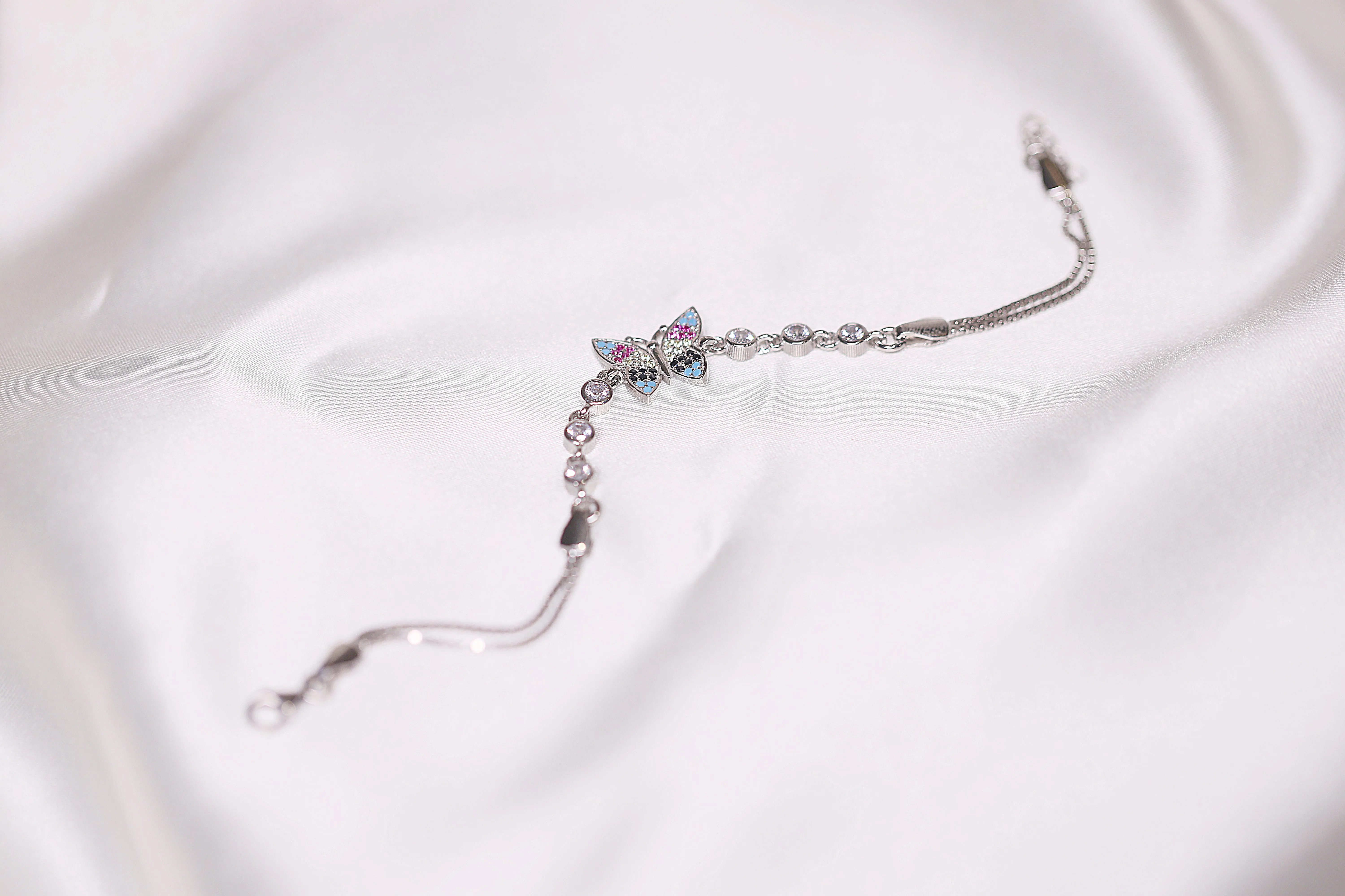 Multi colour butterfly silver bracelet